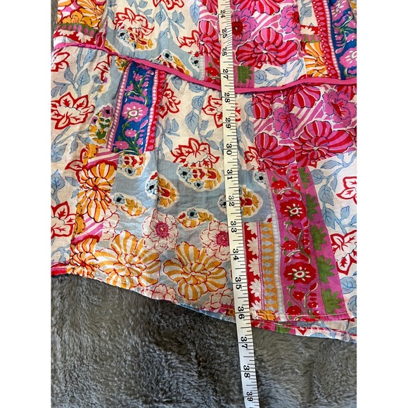 Umgee Womens Patchwork Floral Smocked V-Neck Mini Dress Pink Blue Orange Large - Picture 6 of 6